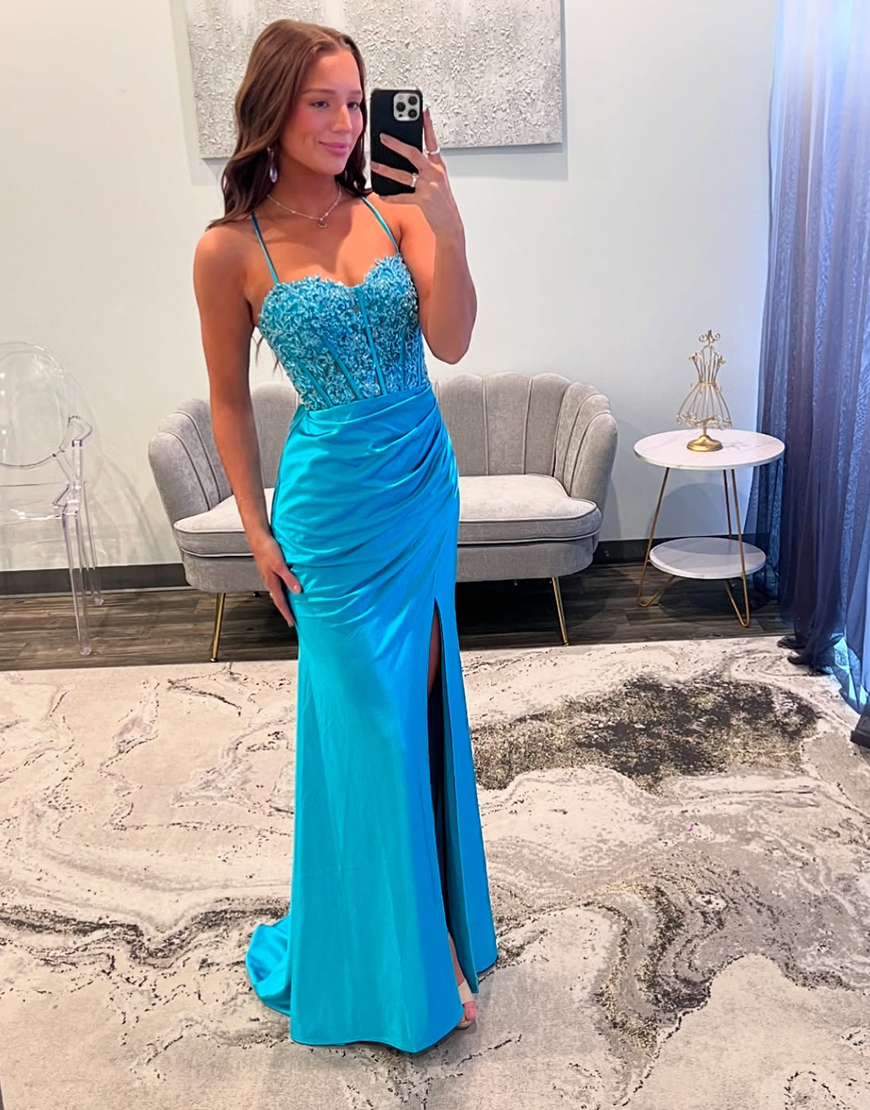 Sparkly Blue Bodycon Spaghetti Straps Slit Corset Long Prom Dress With Appliques