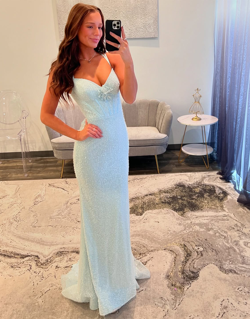 Sparkly Light Blue Bodycon Spaghetti Straps Corset Long Sequined Prom Dress With 3D Flower