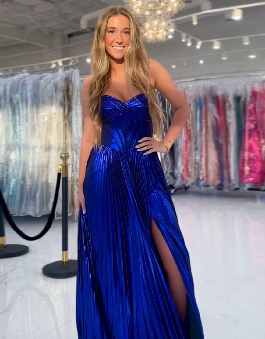 Sparkly Royal Blue A-Line Strapless Corset Long Metallic Prom Dress with Slit