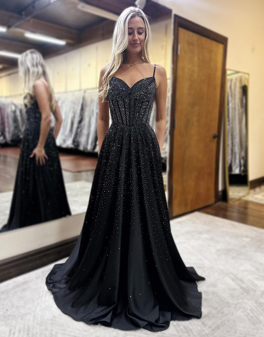 Sparkly Black A-Line Spaghetti Straps Corset Long Prom Dress With Sequin