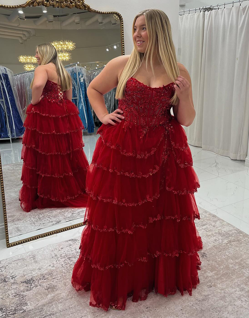 Sparkly Sequin Dark Red A-Line Strapless Corset Ruffle Long Prom Dress With Appliques