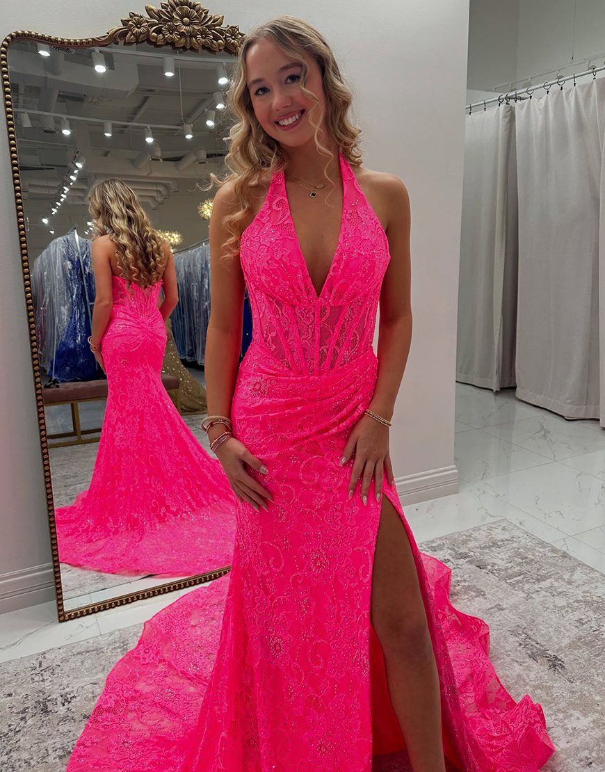 Sparkly Sequin Pink Mermaid Halter Corset Slit Long Prom Dress with Lace Appliques