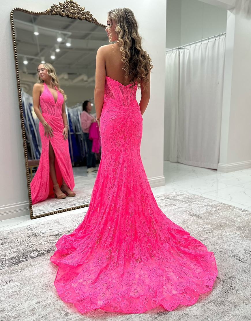 Sparkly Sequin Pink Mermaid Halter Corset Slit Long Prom Dress with Lace Appliques
