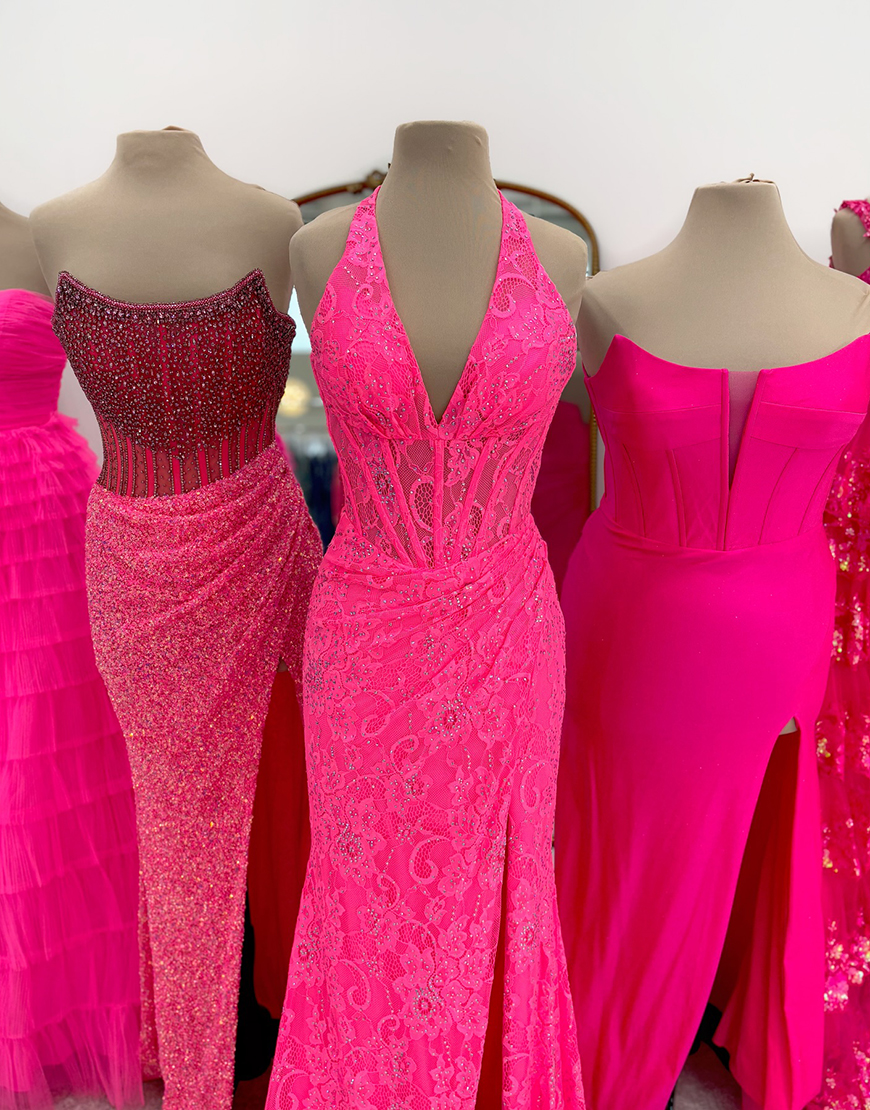 Sparkly Sequin Pink Mermaid Halter Corset Slit Long Prom Dress with Lace Appliques