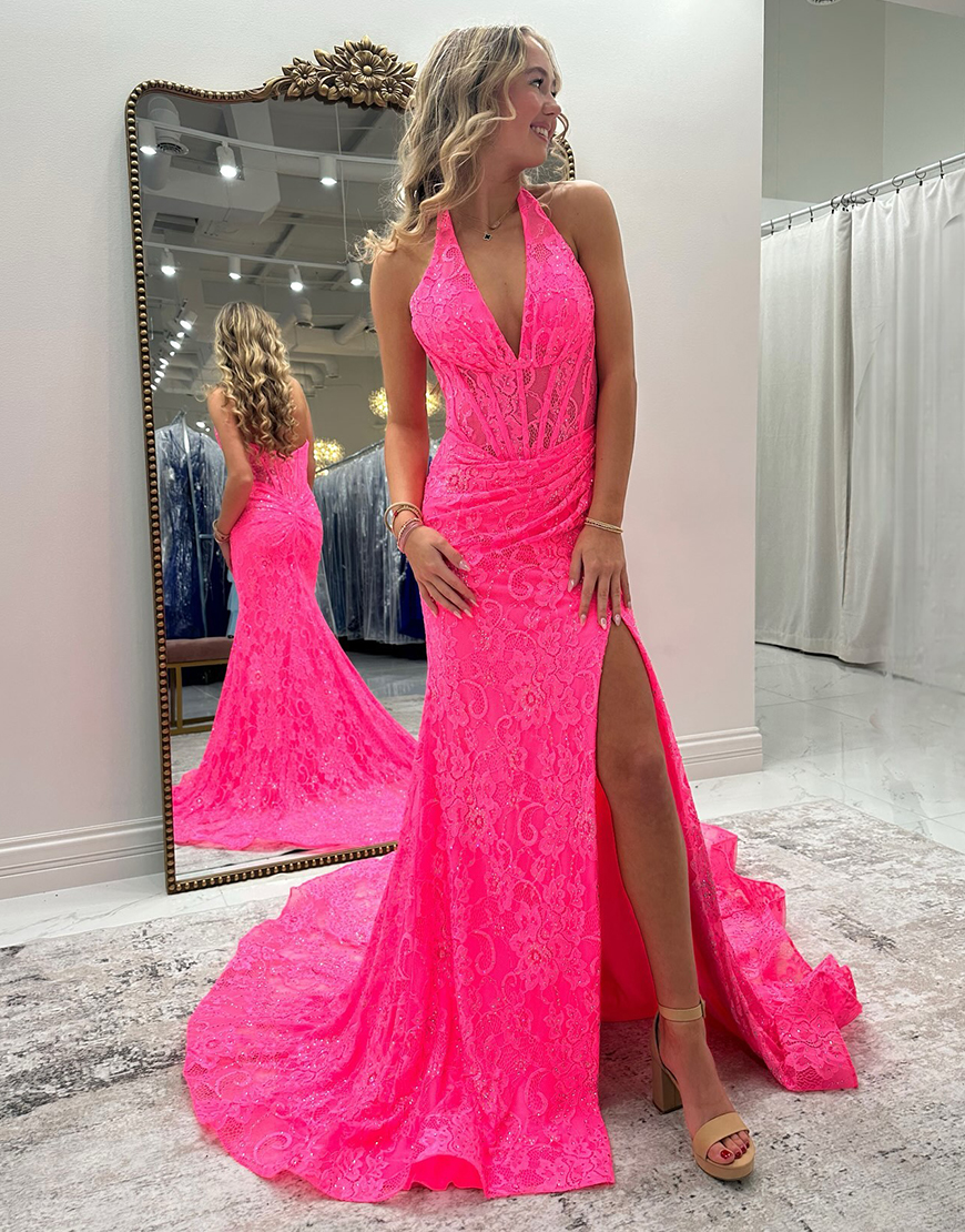 Sparkly Sequin Pink Mermaid Halter Corset Slit Long Prom Dress with Lace Appliques