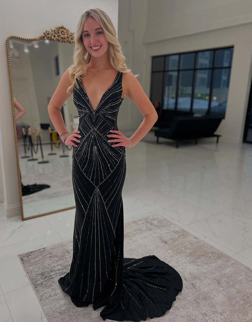 Sparkly Black Mermaid Straps Deep V Neck Long Prom Dress with Beading