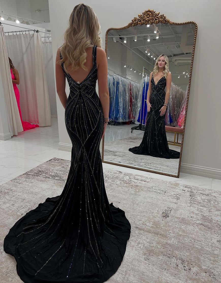 Sparkly Black Mermaid Straps Deep V Neck Long Prom Dress with Beading