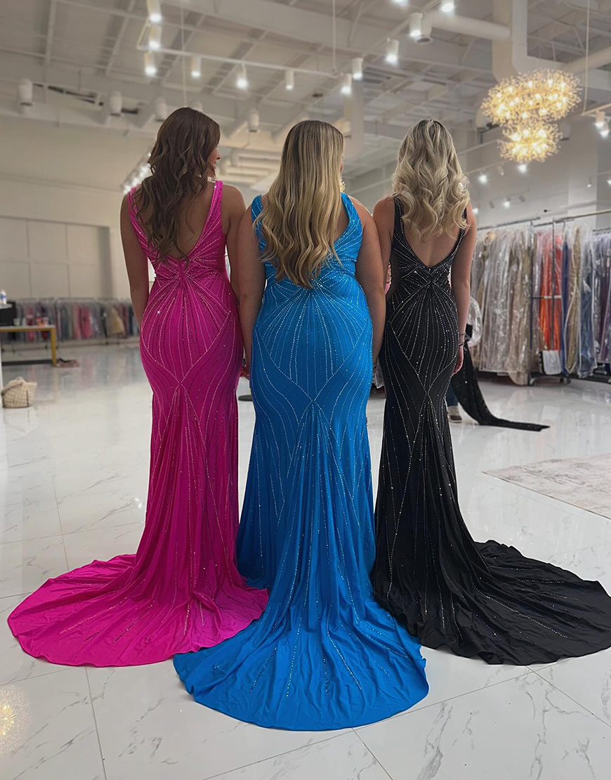 Sparkly Black Mermaid Straps Deep V Neck Long Prom Dress with Beading