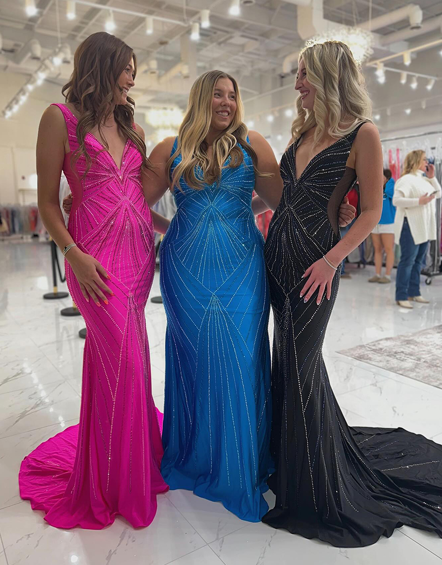 Sparkly Black Mermaid Straps Deep V Neck Long Prom Dress with Beading