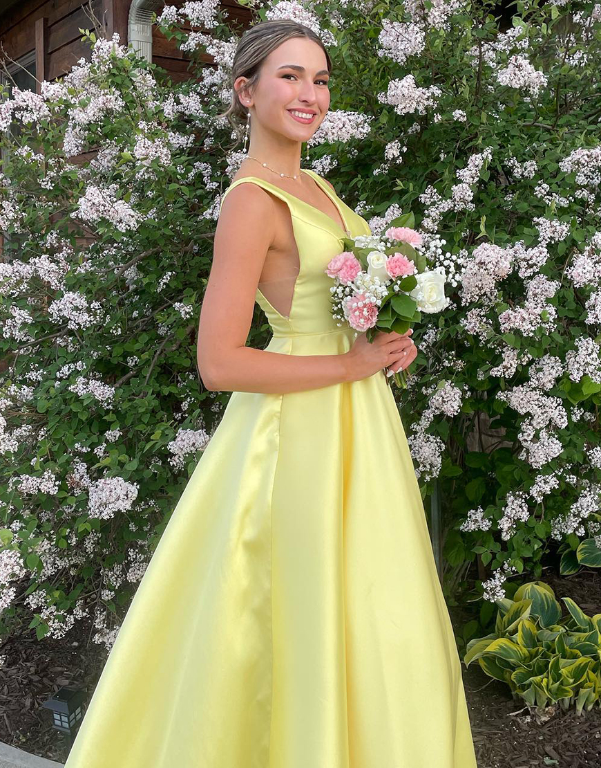 Elegant Yellow A-Line Straps V Neck Long Satin Prom Dress 