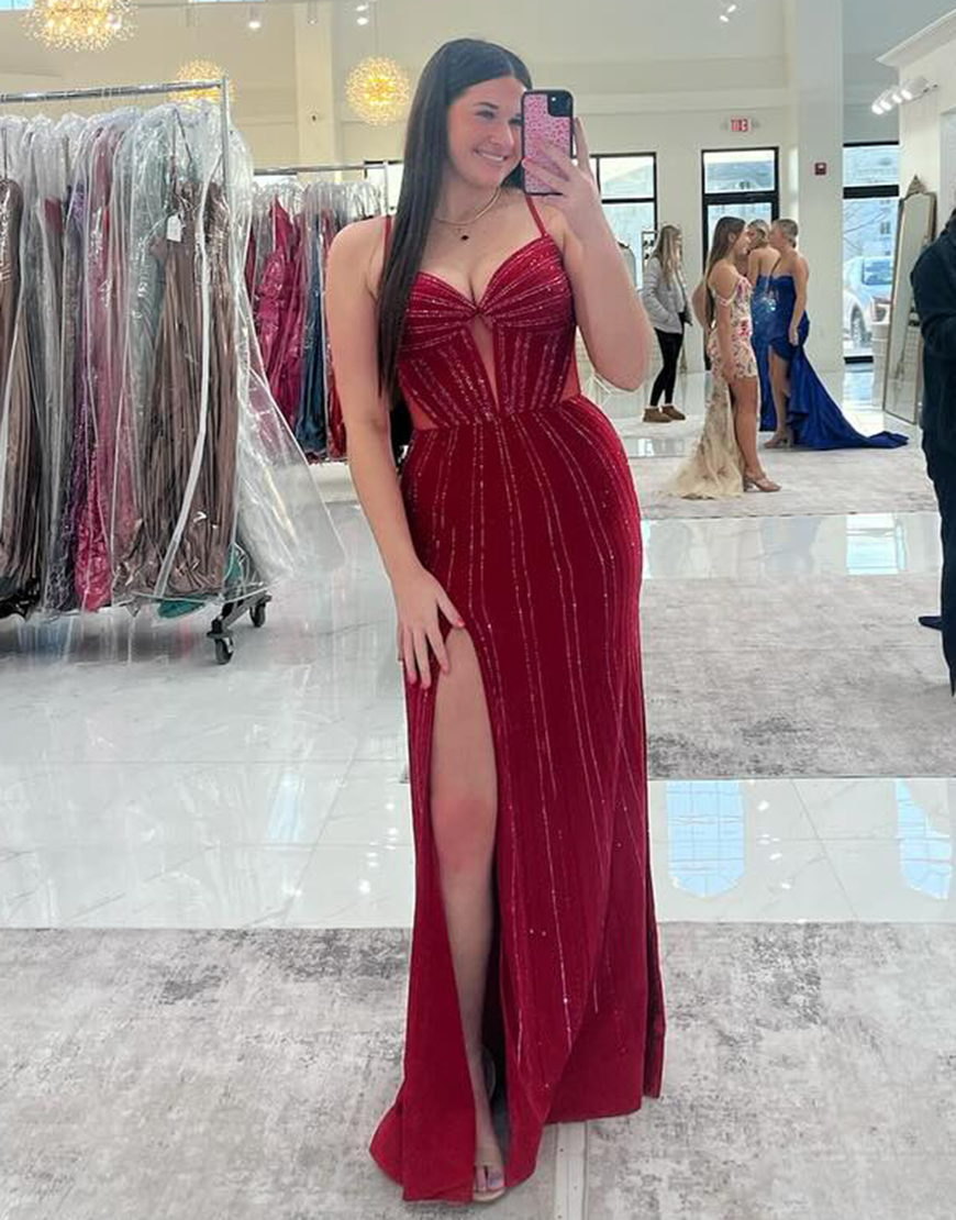 Sparkly Burgundy Mermaid Spaghetti Straps Slit Corset Long Prom Dress with Beading