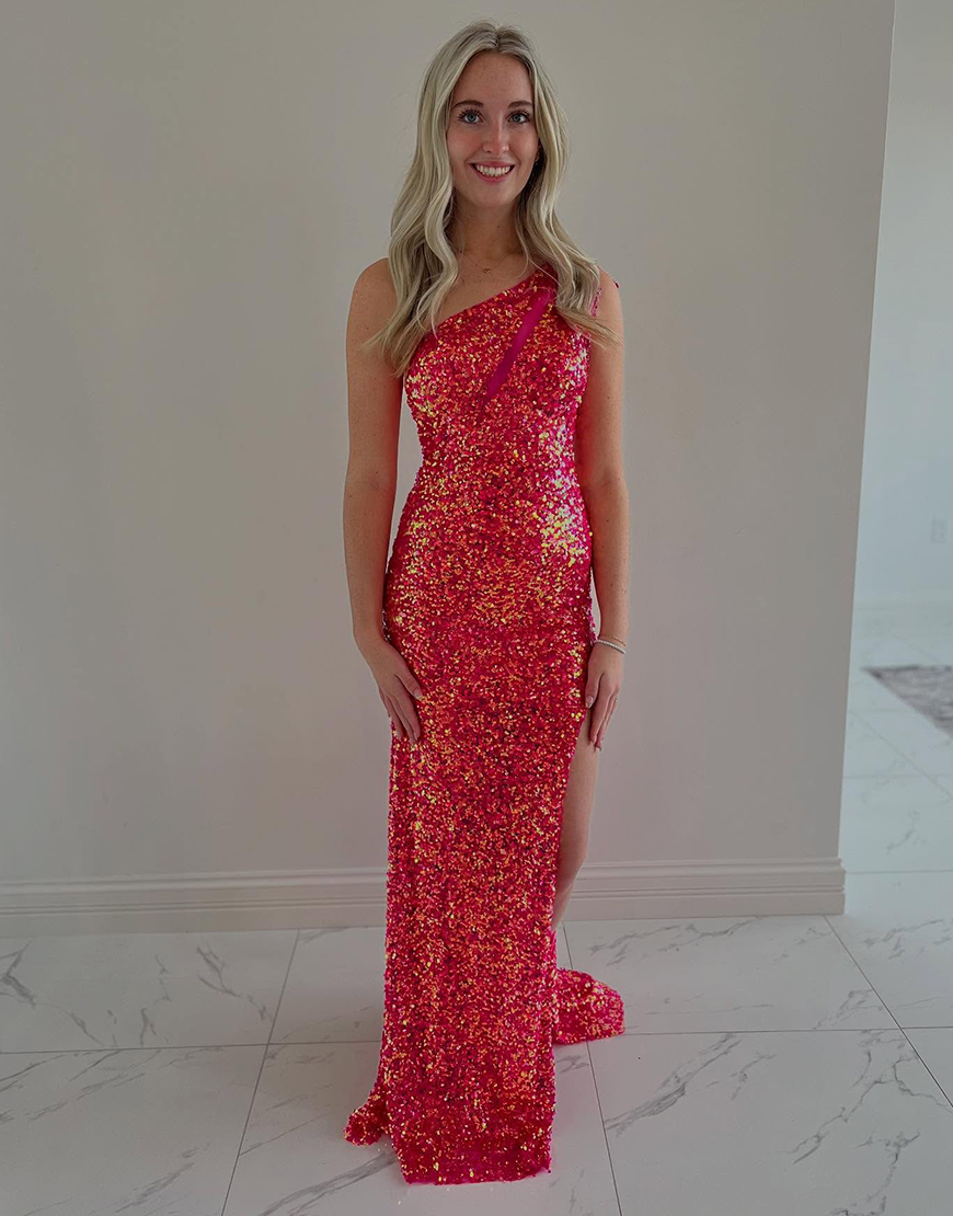 Sparkly Coral Mermaid One Shoulder Slit Long Prom Dress with Sequin