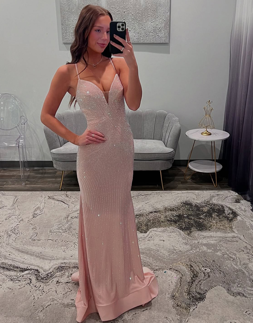 Sparkly Light Pink Mermaid Spaghetti Straps Long Prom Dress with Beading