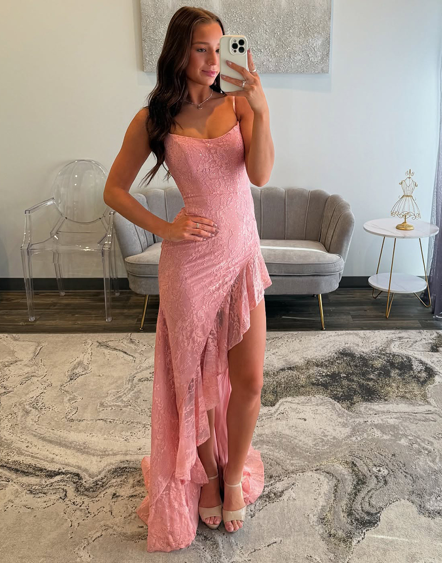 Sparkly Sequin Pink Mermaid Spaghetti Straps Long Ruffles Prom Dress with Appliques