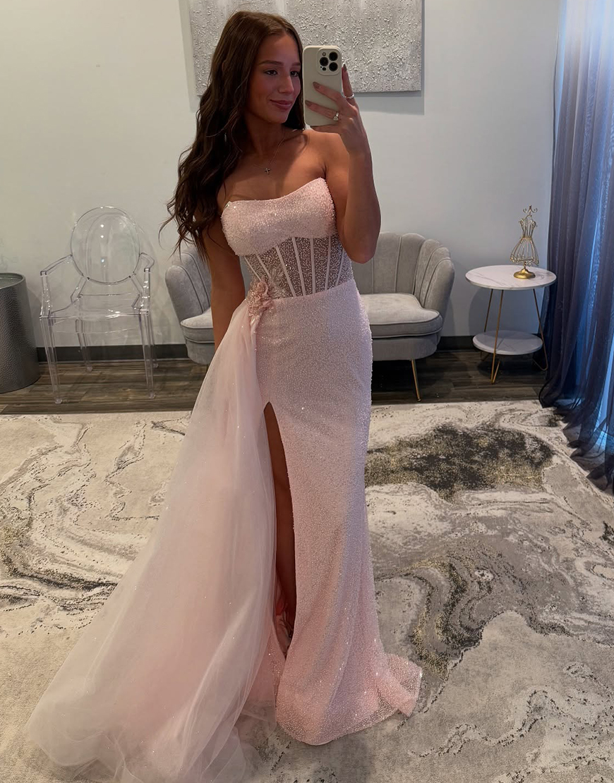 Sparkly Light Pink Mermaid Strapless Slit Corset Long Prom Dress with Sequin