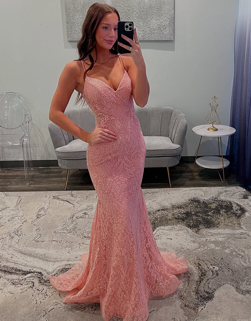 Elegant Pink Mermaid Spaghetti Straps Long Prom Dress with Appliques