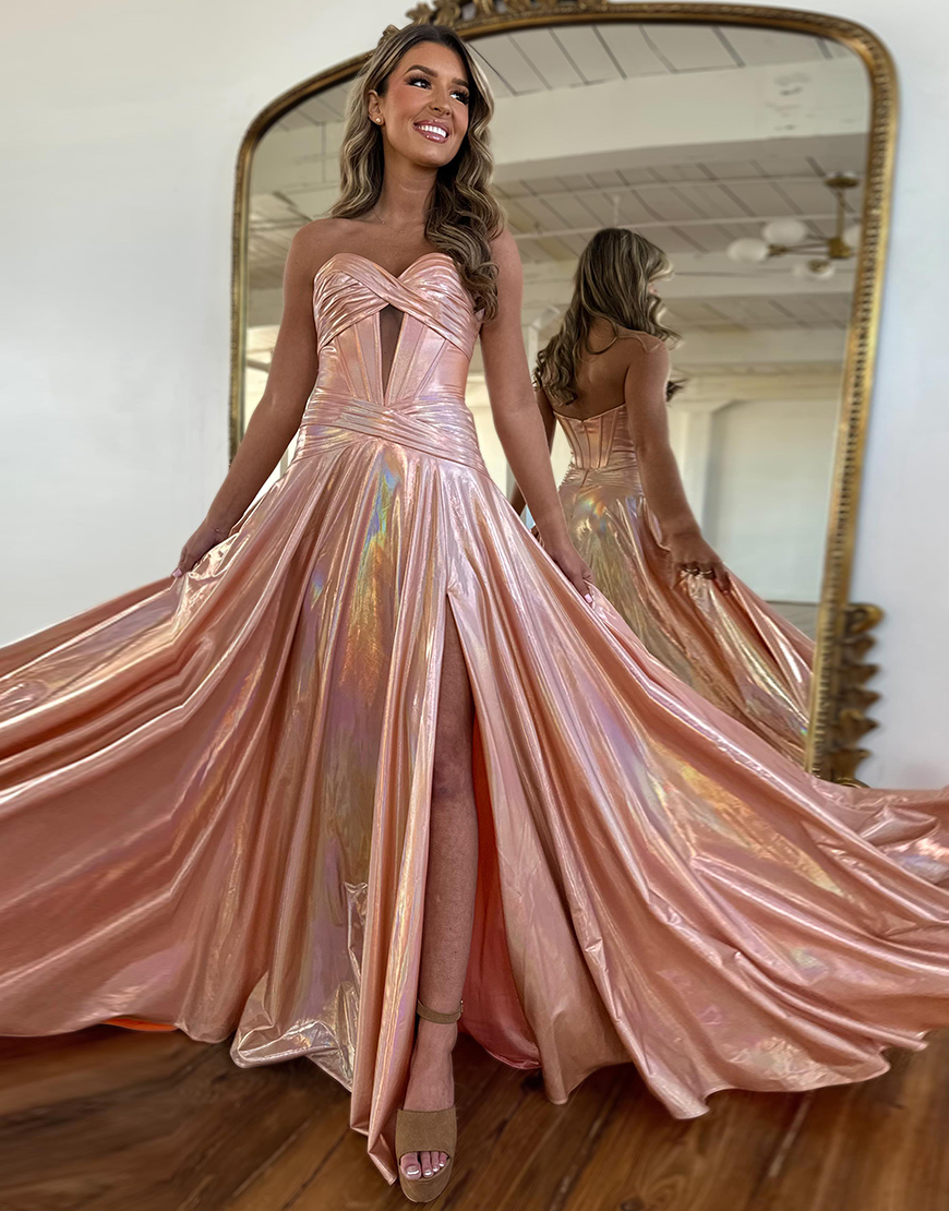 Metallic Pink A-Line Strapless Corset Ruched Long Prom Dress with Slit