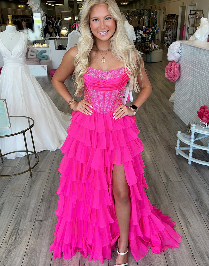 Sparkly Royal Blue A-Line Strapless Corset Ruffles Long Prom Dress with Beading