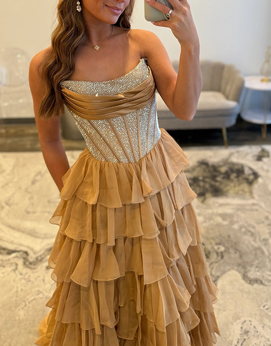 Sparkly Royal Blue A-Line Strapless Ruffles Long Corset Prom Dress with Beading