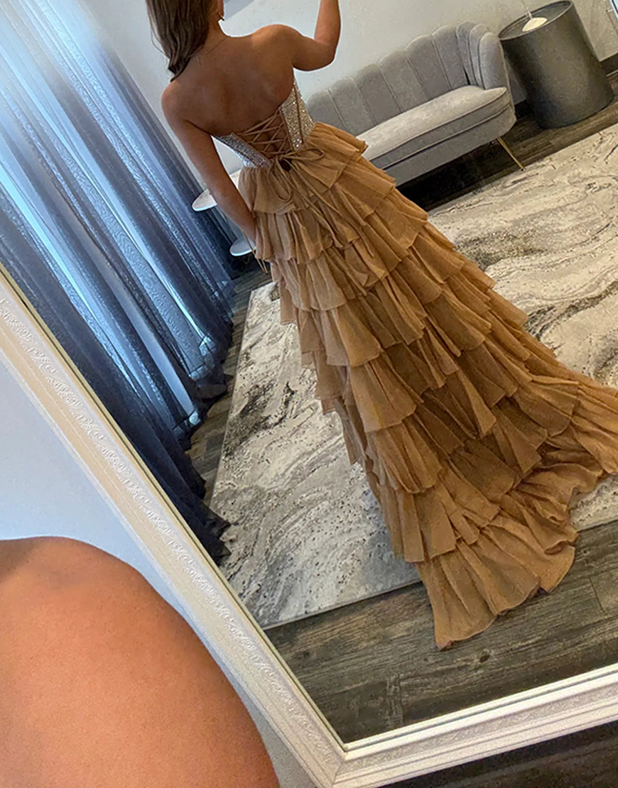 Sparkly Royal Blue A-Line Strapless Ruffles Long Corset Prom Dress with Beading