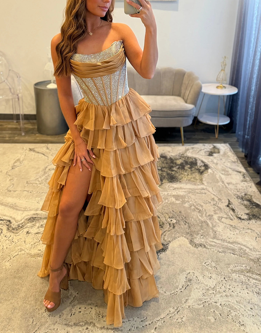 Sparkly Royal Blue A-Line Strapless Ruffles Long Corset Prom Dress with Beading