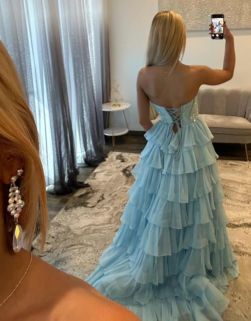 Sparkly Royal Blue A-Line Strapless Ruffles Long Corset Prom Dress with Beading