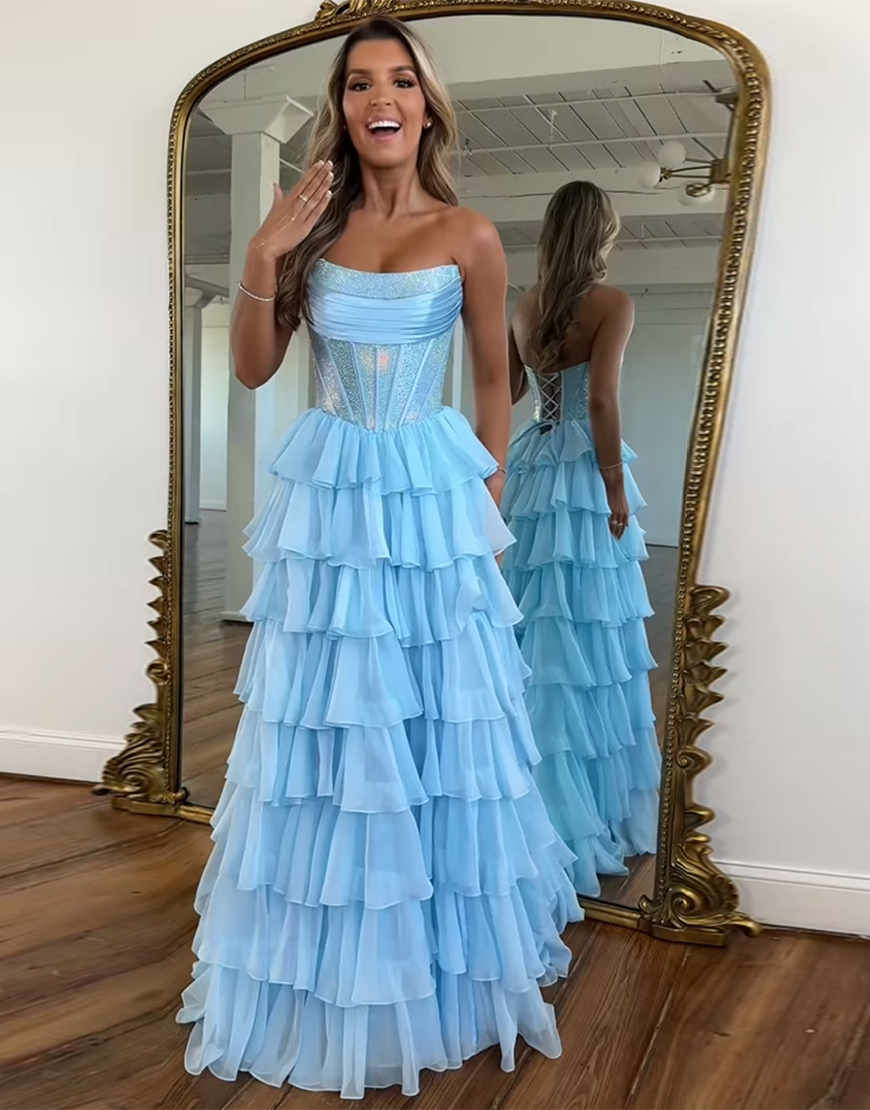 Sparkly Light Blue A-Line Strapless Corset Ruffles Long Prom Dress with Beading