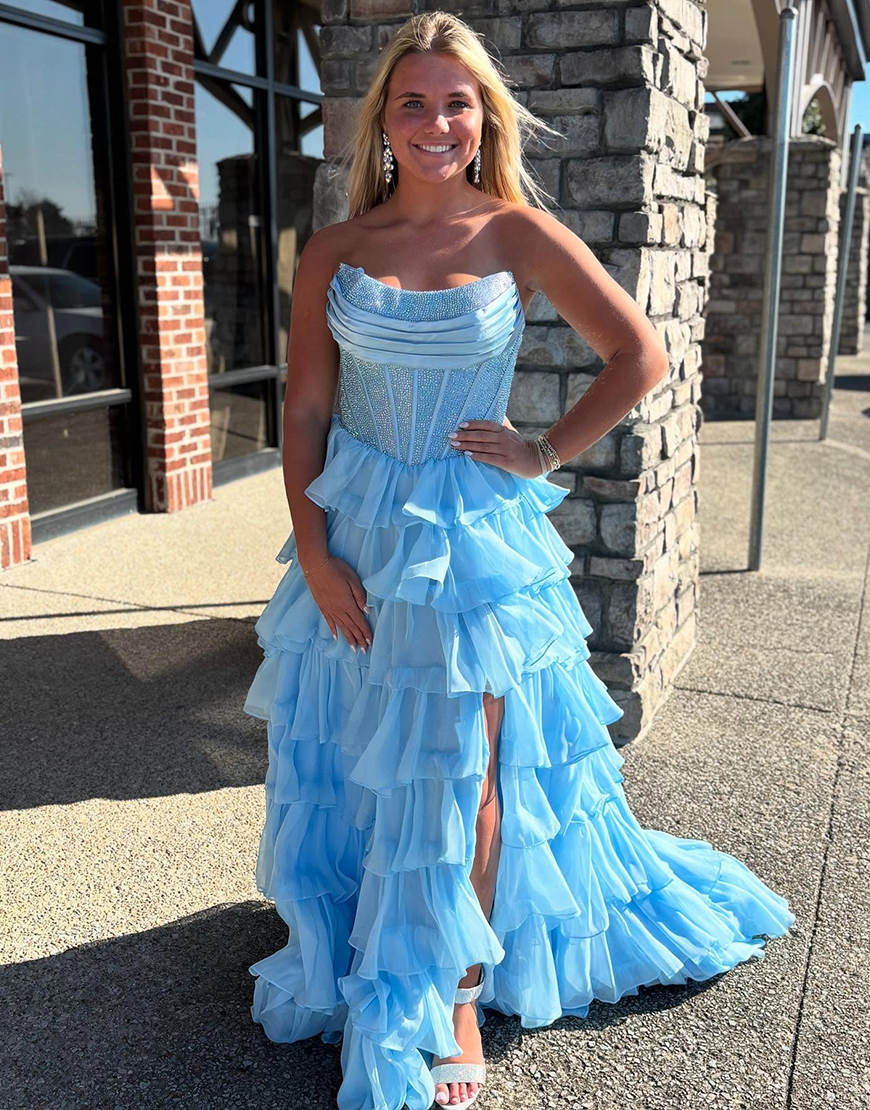 Sparkly Royal Blue A-Line Strapless Ruffles Long Corset Prom Dress with Beading