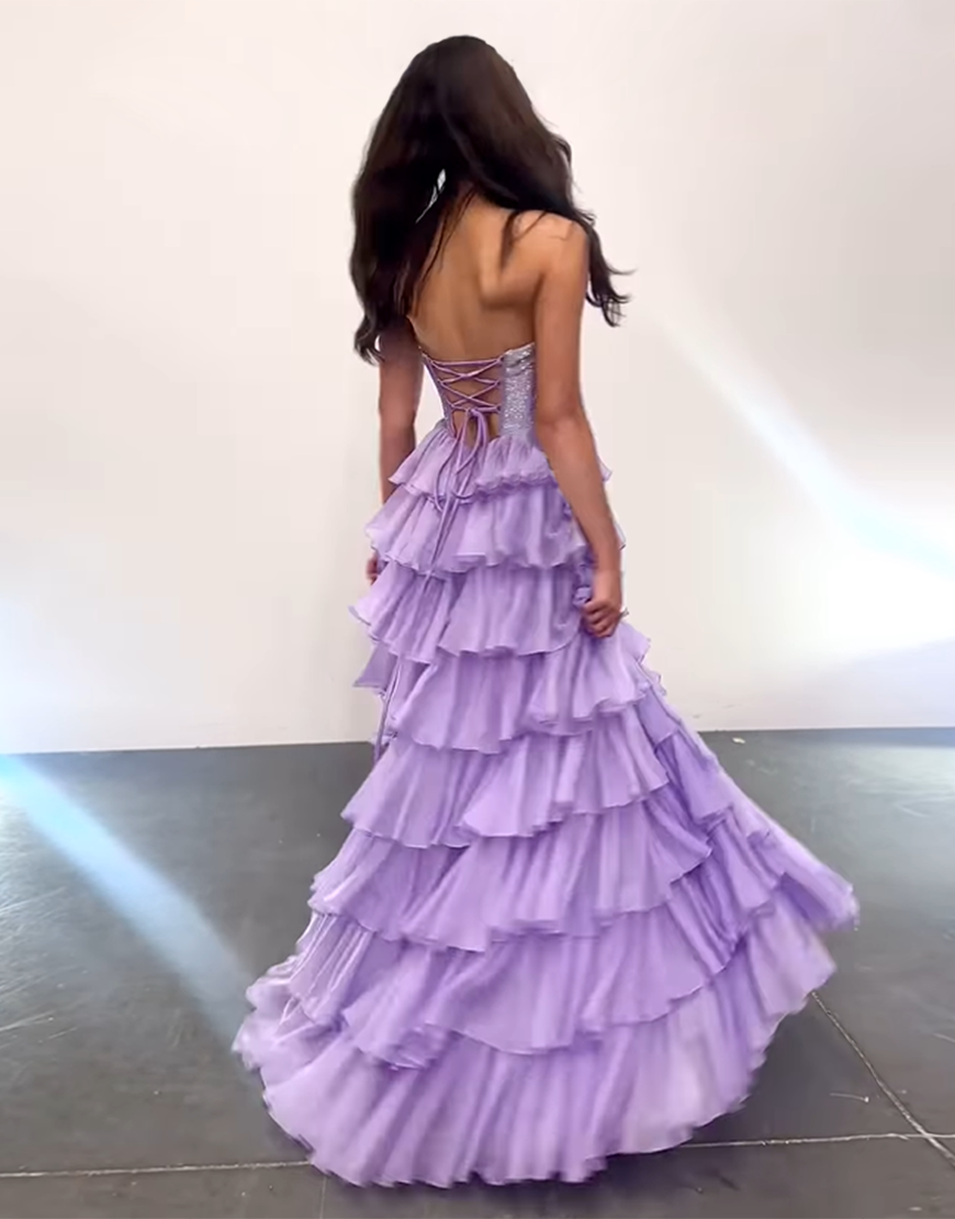 Sparkly Light Blue A-Line Strapless Corset Ruffles Long Prom Dress with Beading