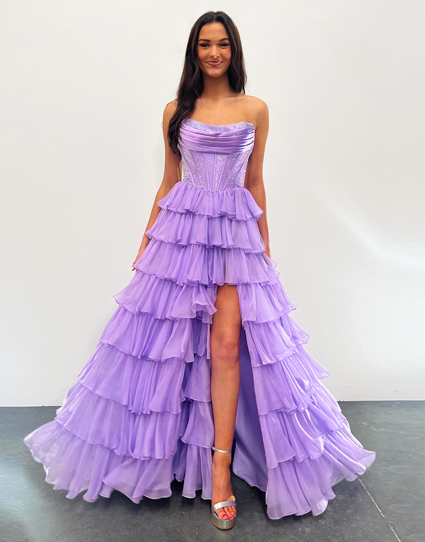 Sparkly Light Blue A-Line Strapless Corset Ruffles Long Prom Dress with Beading
