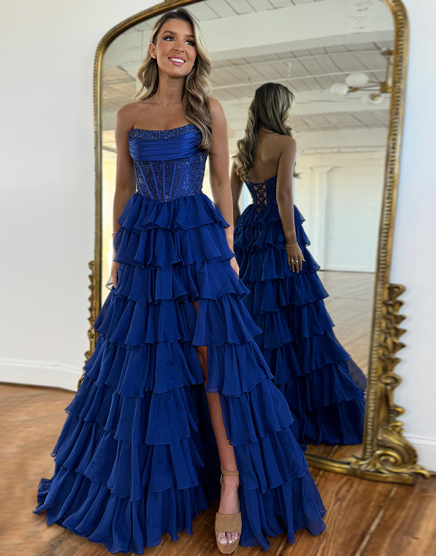 Sparkly Light Blue A-Line Strapless Corset Ruffles Long Prom Dress with Beading