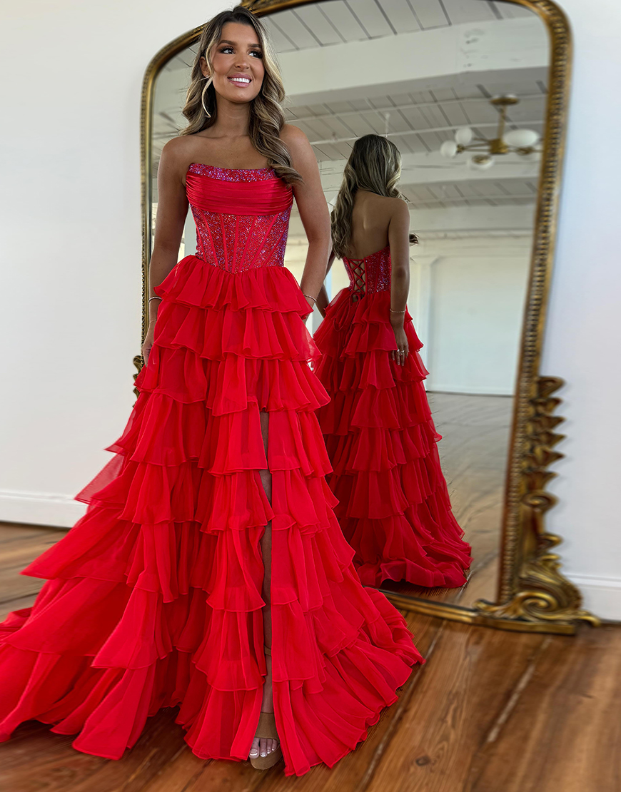 Sparkly Royal Blue A-Line Strapless Ruffles Long Corset Prom Dress with Beading