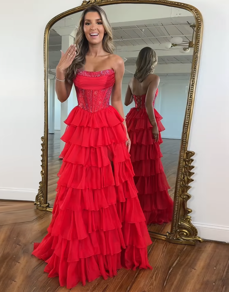 Sparkly Royal Blue A-Line Strapless Ruffles Long Corset Prom Dress with Beading