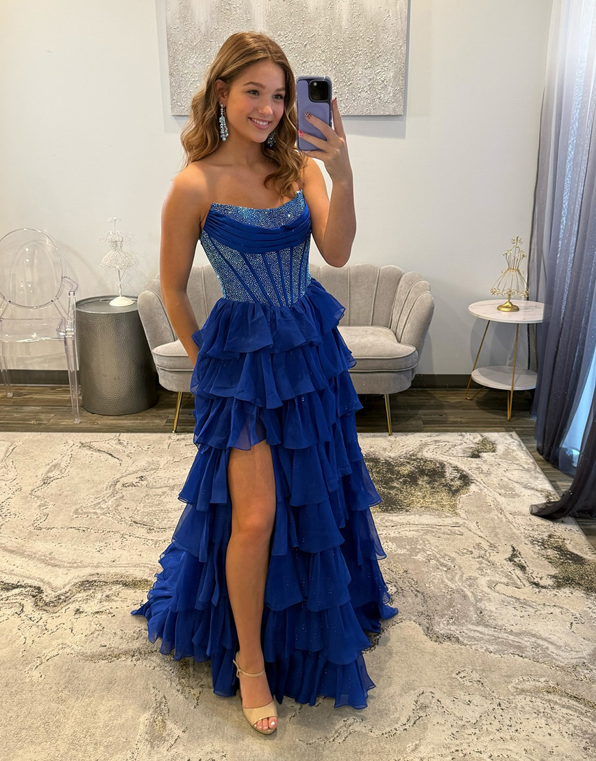 Sparkly Royal Blue A-Line Strapless Ruffles Long Corset Prom Dress with Beading