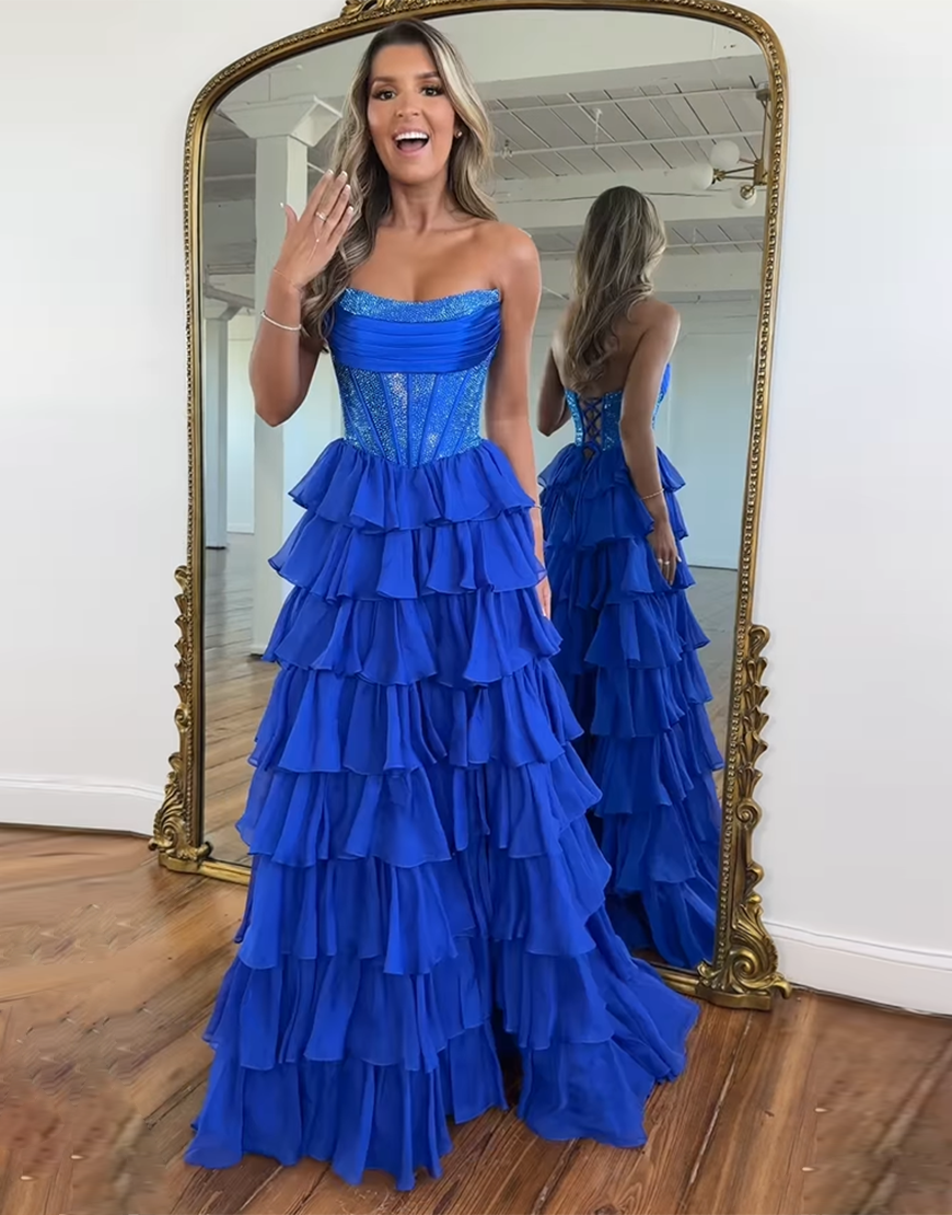 Sparkly Light Blue A-Line Strapless Corset Ruffles Long Prom Dress with Beading