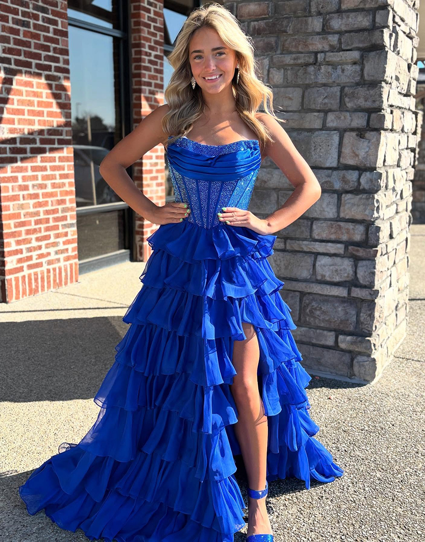 Sparkly Royal Blue A-Line Strapless Ruffles Long Corset Prom Dress with Beading