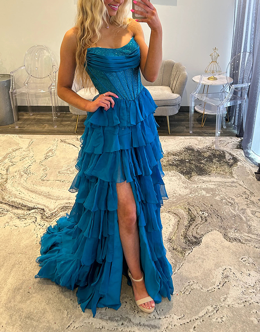 Sparkly Royal Blue A-Line Strapless Ruffles Long Corset Prom Dress with Beading