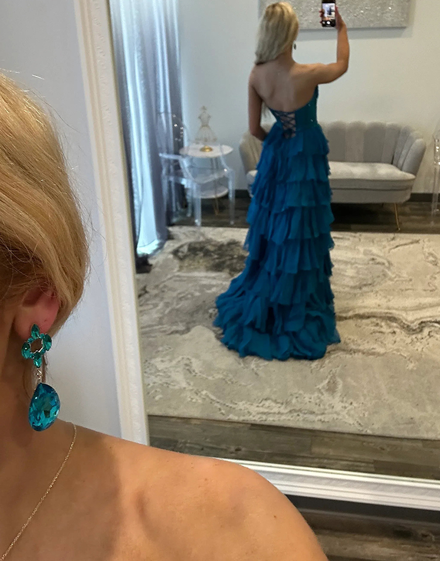 Sparkly Royal Blue A-Line Strapless Ruffles Long Corset Prom Dress with Beading