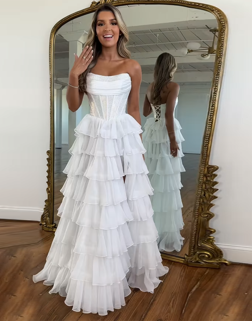 Sparkly Light Blue A-Line Strapless Corset Ruffles Long Prom Dress with Beading