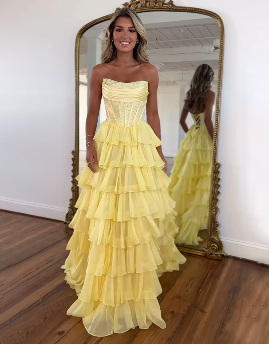 Sparkly Light Blue A-Line Strapless Corset Ruffles Long Prom Dress with Beading