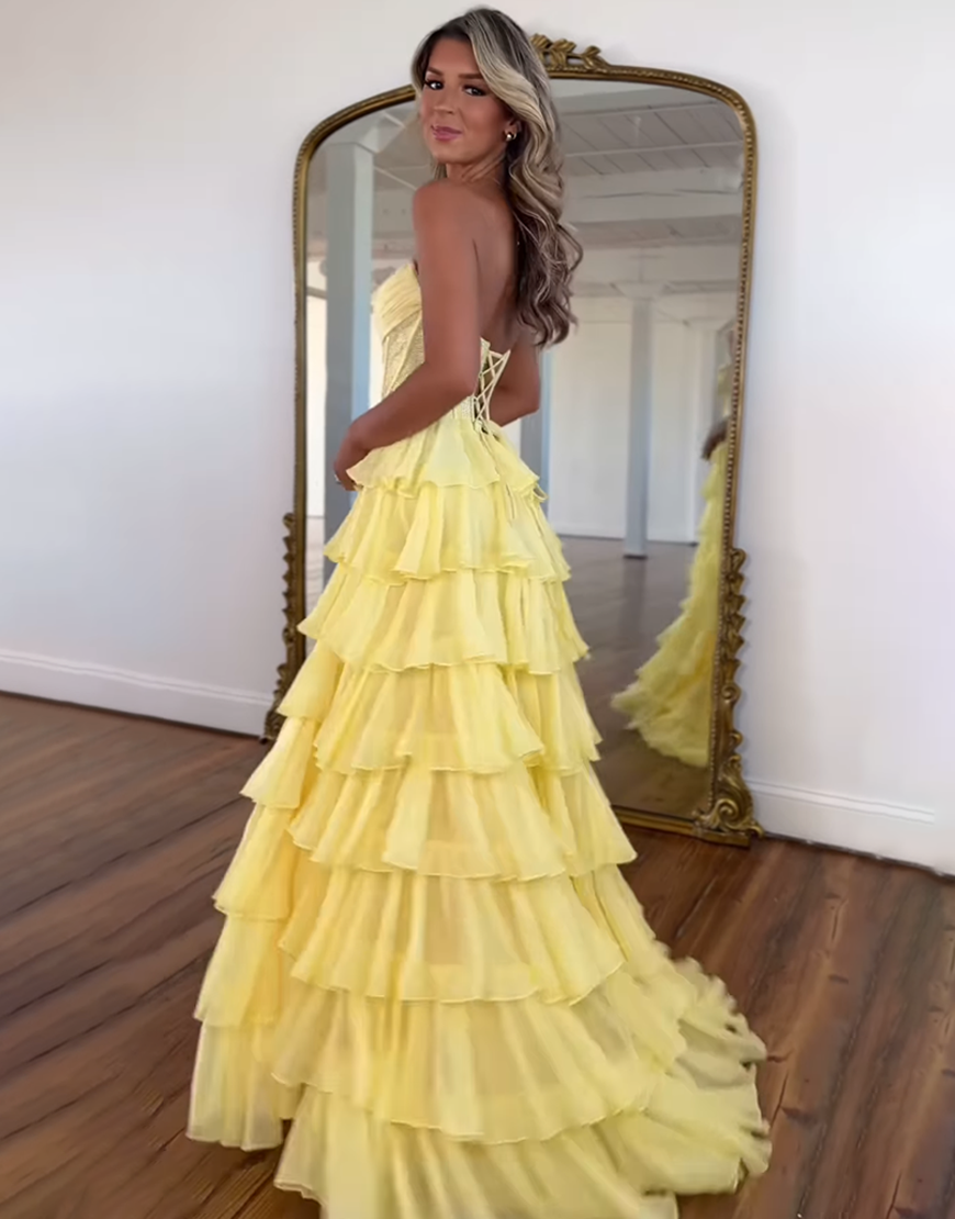 Sparkly Light Blue A-Line Strapless Corset Ruffles Long Prom Dress with Beading