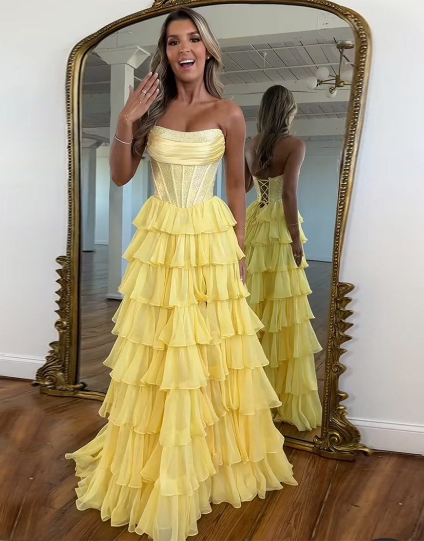 Sparkly Light Blue A-Line Strapless Corset Ruffles Long Prom Dress with Beading