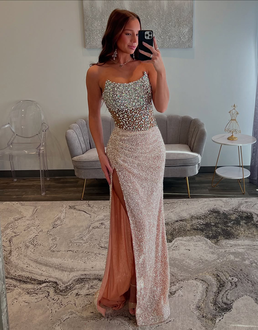 Sparkly Champagne Mermaid Strapless Rhinestones Long Prom Dress with Slit