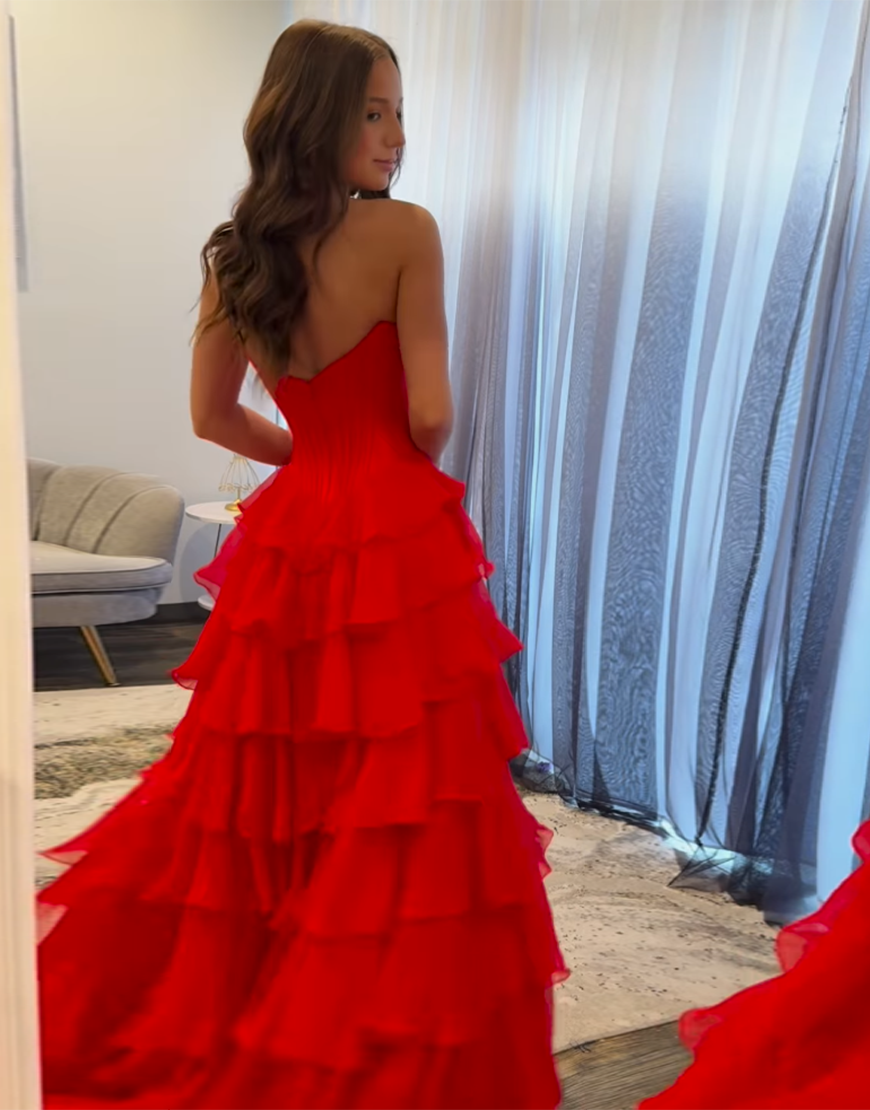 Glitter Red Ball Gown Strapless Corset Ruffles Chiffon Long Prom Dress with Rhinestones