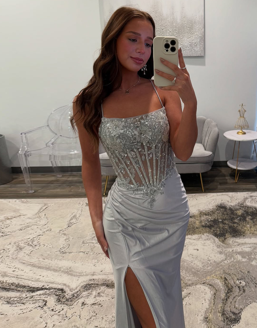 Sparkly Silver Mermaid Spaghetti Straps Corset Long Prom Dress with Sequined Appliques