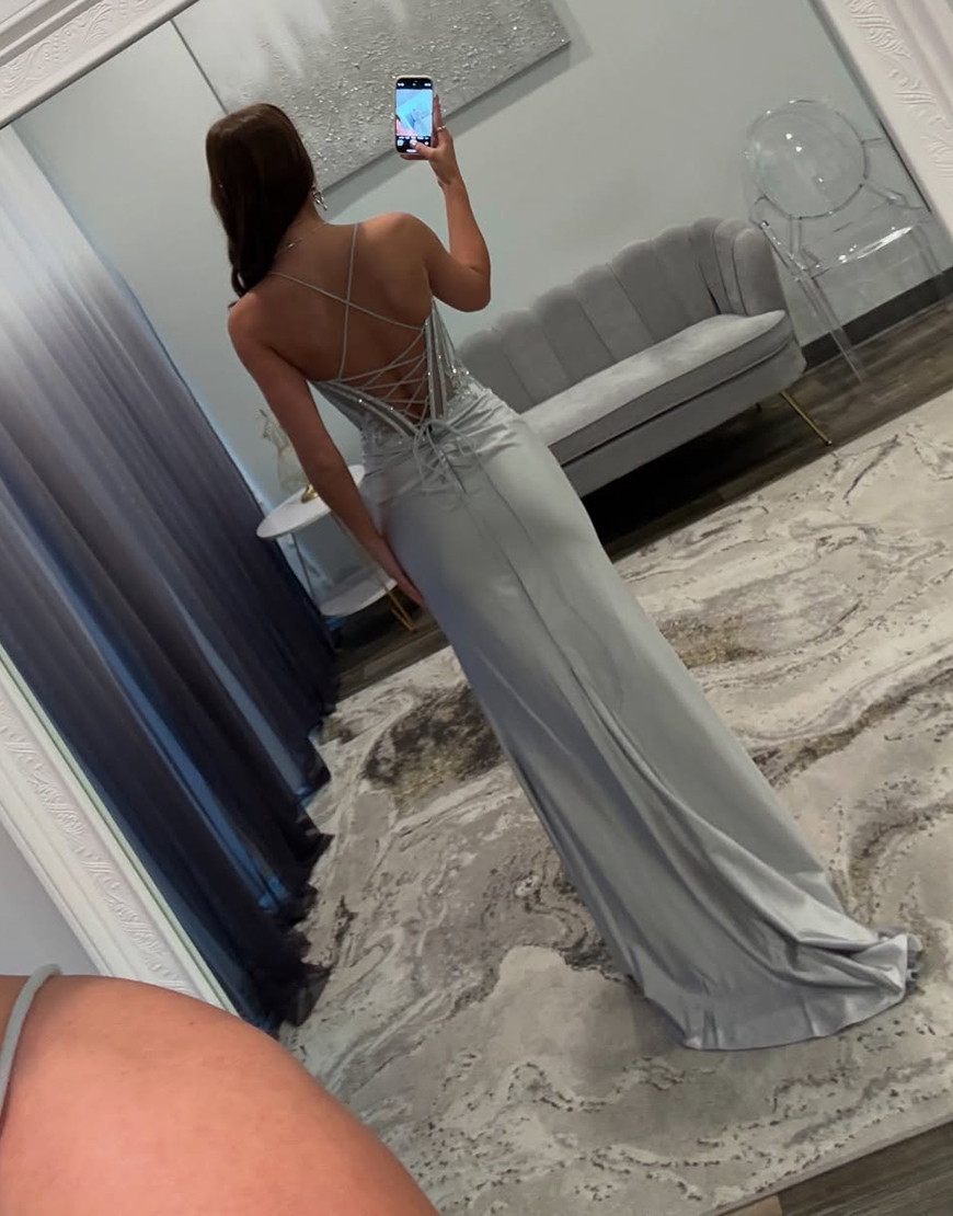 Sparkly Silver Mermaid Spaghetti Straps Corset Long Prom Dress with Sequined Appliques