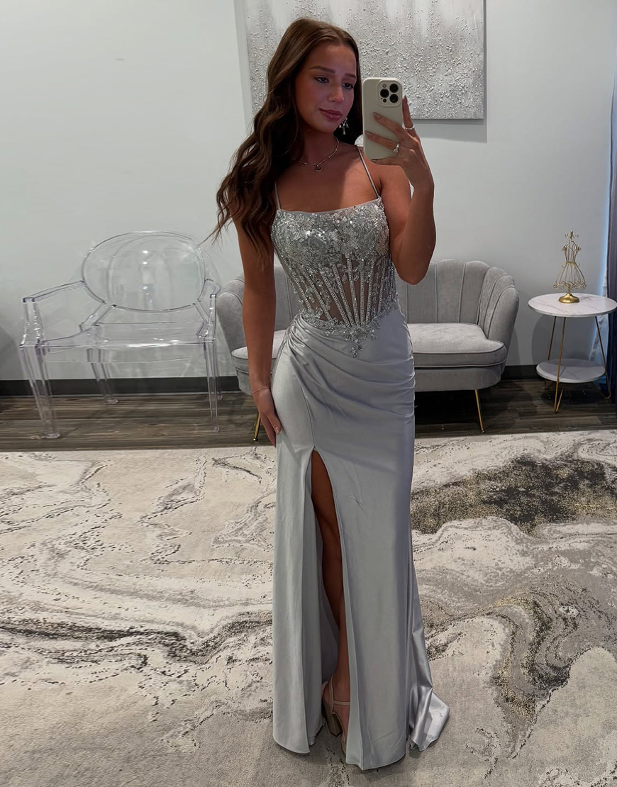 Sparkly Silver Mermaid Spaghetti Straps Corset Long Prom Dress with Sequined Appliques