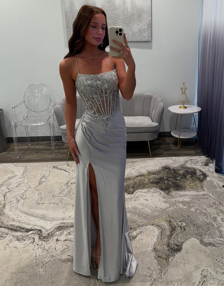 Sparkly Silver Mermaid Spaghetti Straps Corset Long Prom Dress with Sequined Appliques
