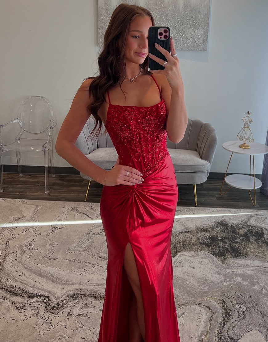 Sparkly Red Mermaid Spaghetti Straps Corset Satin Ruched Long Prom Dress with Slit