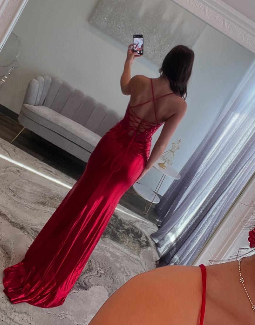 Sparkly Red Mermaid Spaghetti Straps Corset Satin Ruched Long Prom Dress with Slit